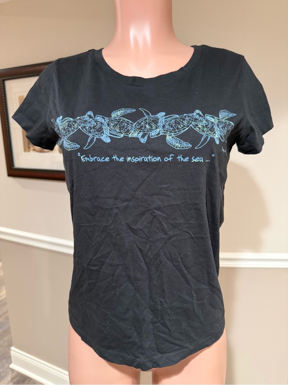 Women's Black Short Sleeve Tee with Blue Sea Turtle Graphic